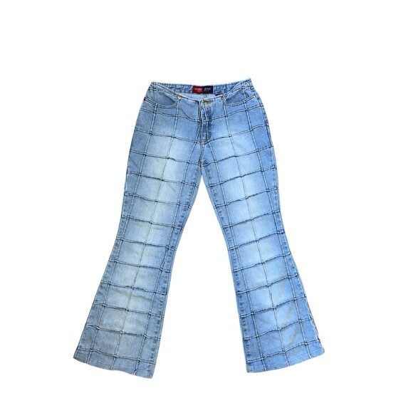 Younique Denim - Vintage Y2K Younique Sz 3 Windowpane Exposed Seam Flare Cotton Poly Blen…